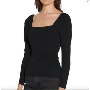 Sandro Paris Ribbed Square Neck Black Puff Sleeve Sweater NWOT Small